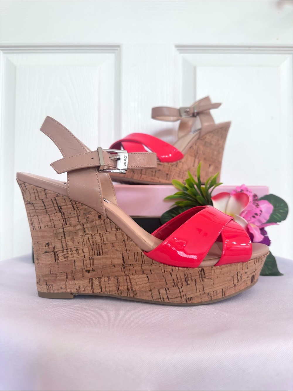 DUNE ~ Pink & Tan Espadrille Sandals w/4-inch Wedge Cork Platform Sole size 7.5